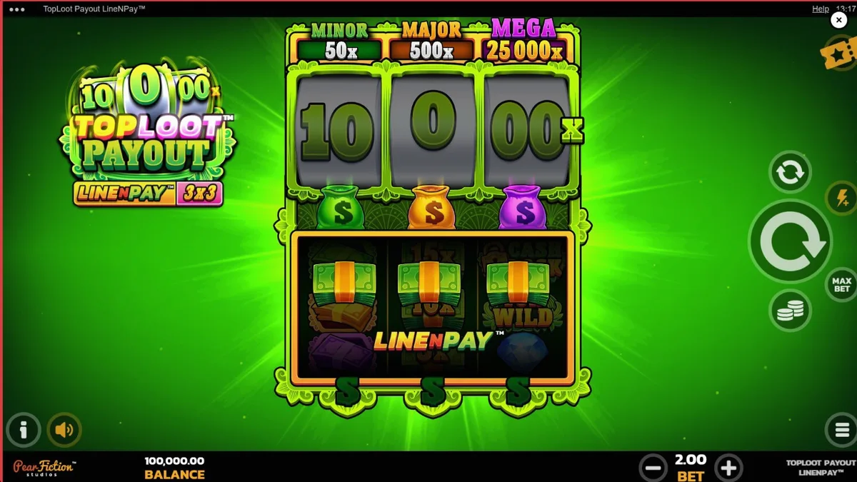 Interface do jogo de slot TopLoot Payout LineNPay com elementos de tesouro e ouro