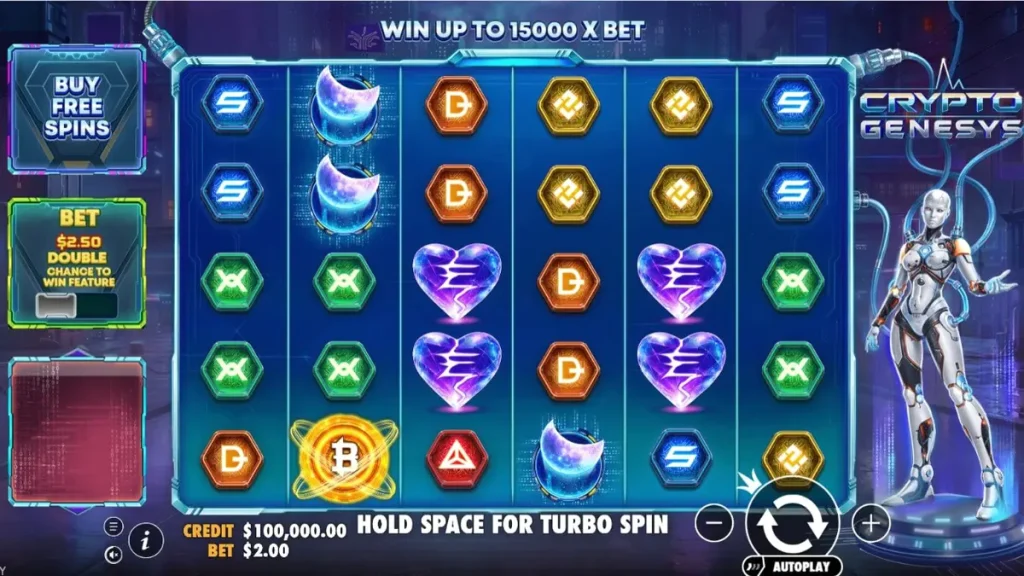 Interface futurista e neon do slot Crypto Genesys