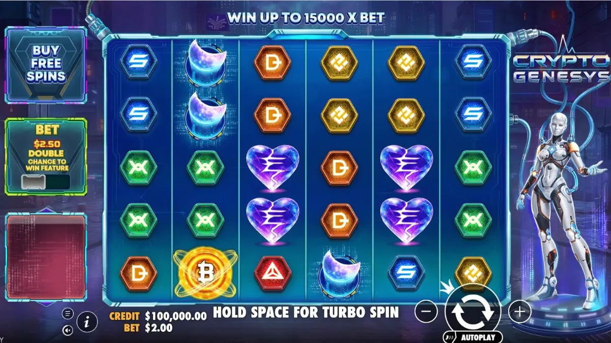 Interface futurista e neon do slot Crypto Genesys