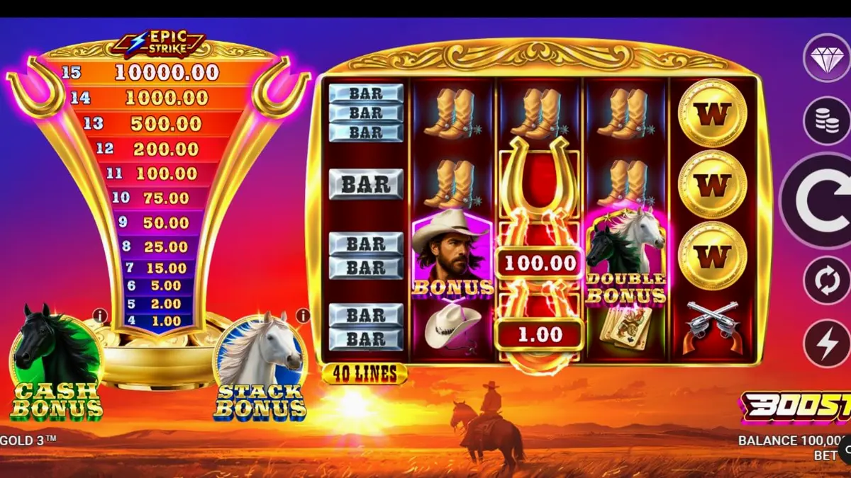 Interface do jogo Western Gold 3 com cenário de deserto e símbolos de faroeste